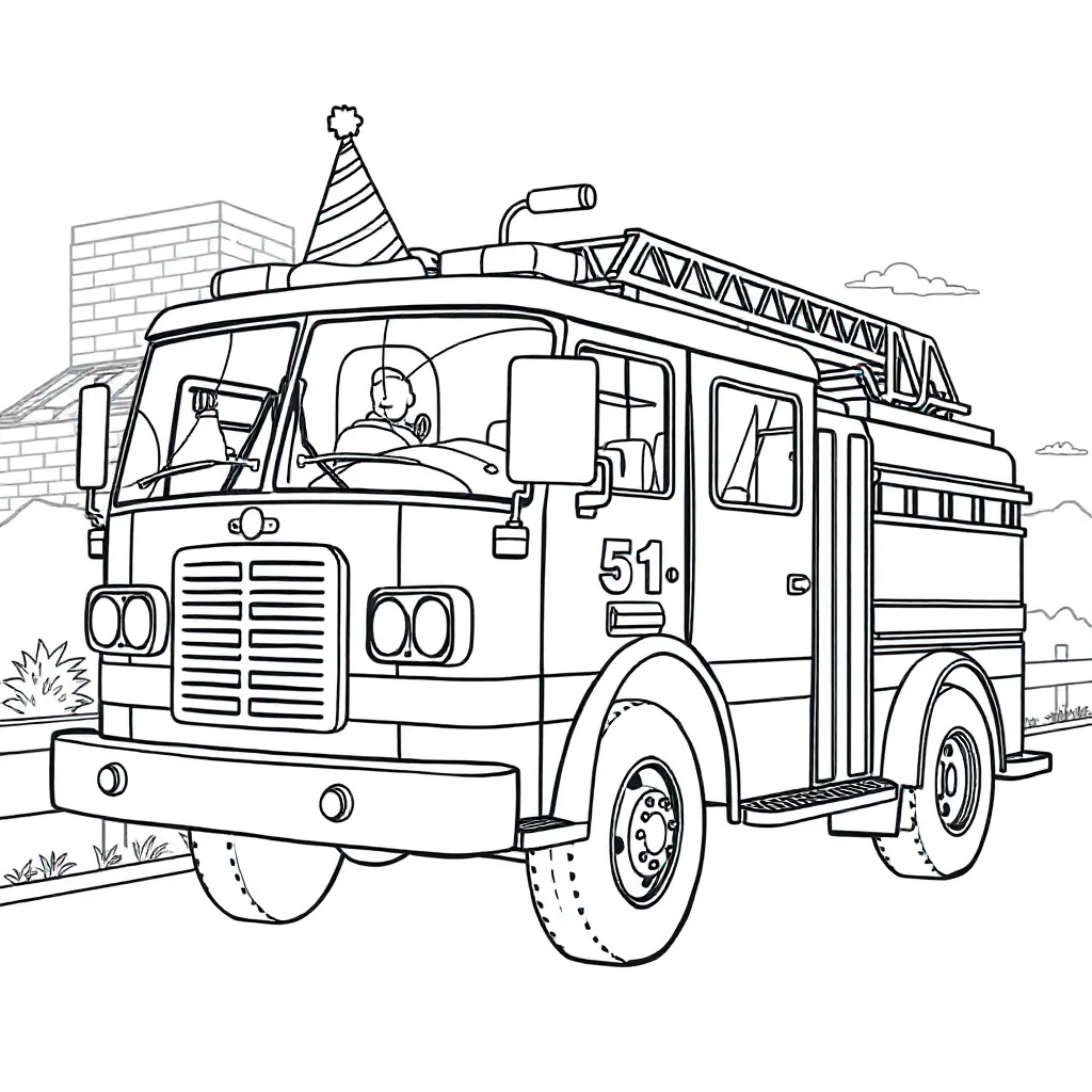 Fire trucks a fire engine wearing a party hat — classic fire trucks coloring page (ages 5–10)