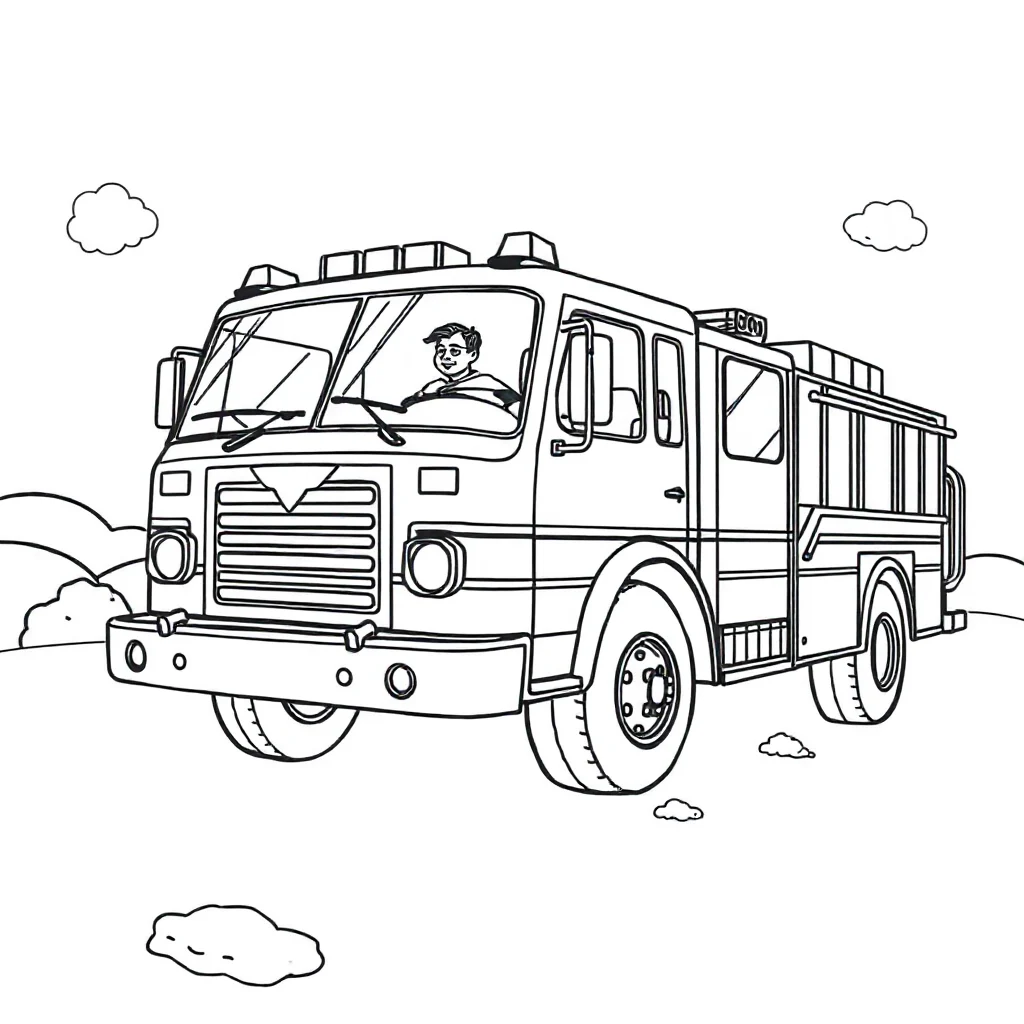 Fire trucks a fire truck in a superhero cape — classic fire trucks coloring page (ages 5–10)