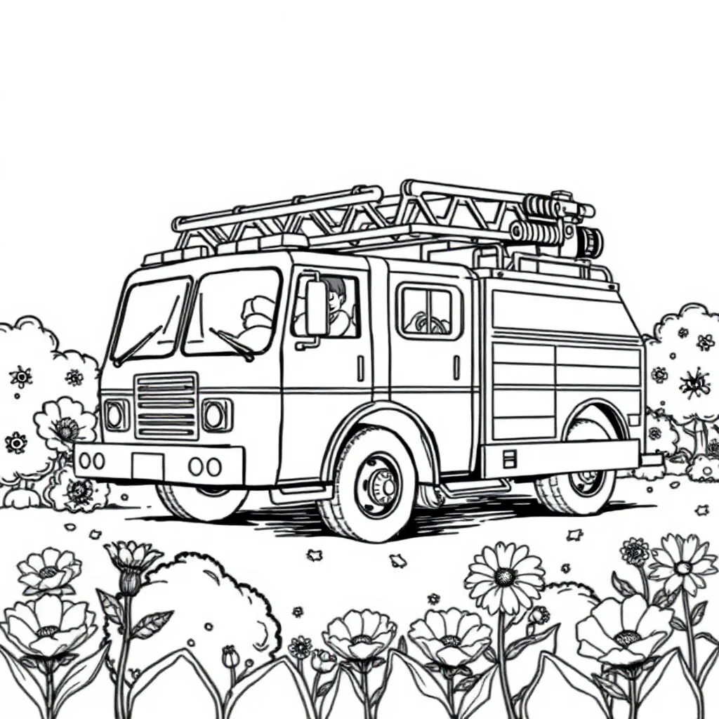 Fire trucks a fire truck with a ladder in a flower garden — classic fire trucks coloring page (ages 5–10)