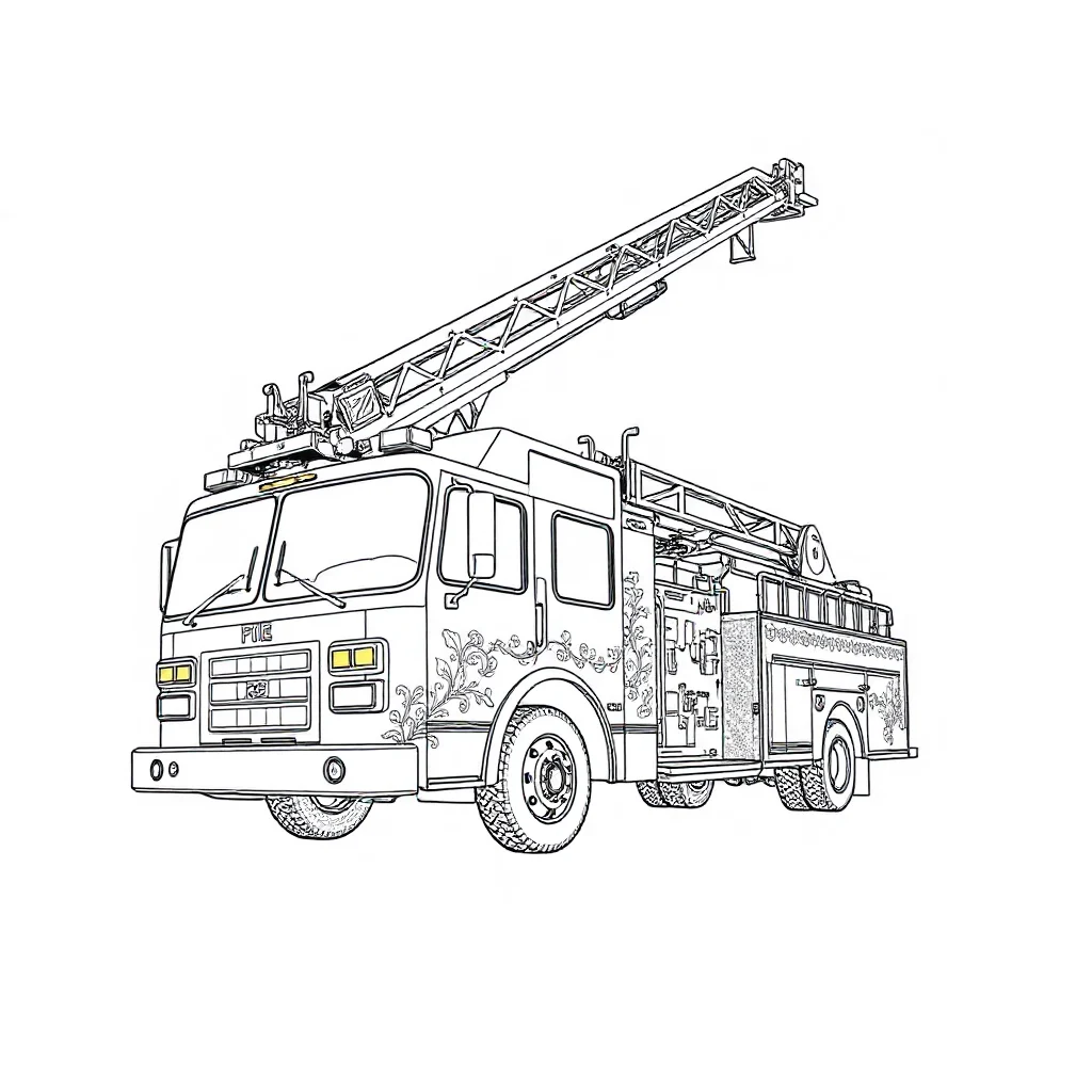 Fire trucks a fire truck with a ladder leaping mid air — detailed fire trucks coloring page (ages 9+ & adults)