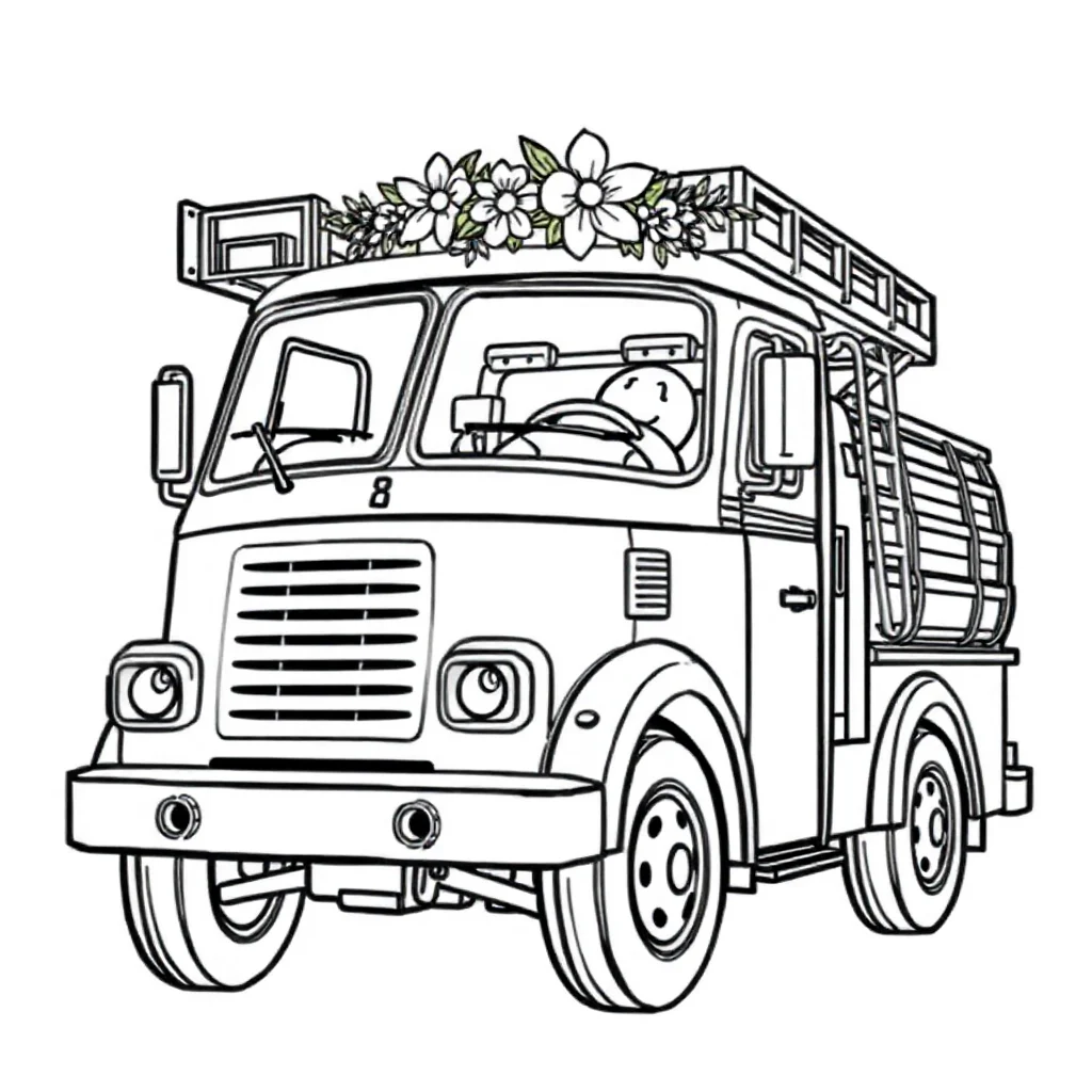 Fire trucks a fire truck with a ladder wearing a flower crown — classic fire trucks coloring page (ages 5–10)