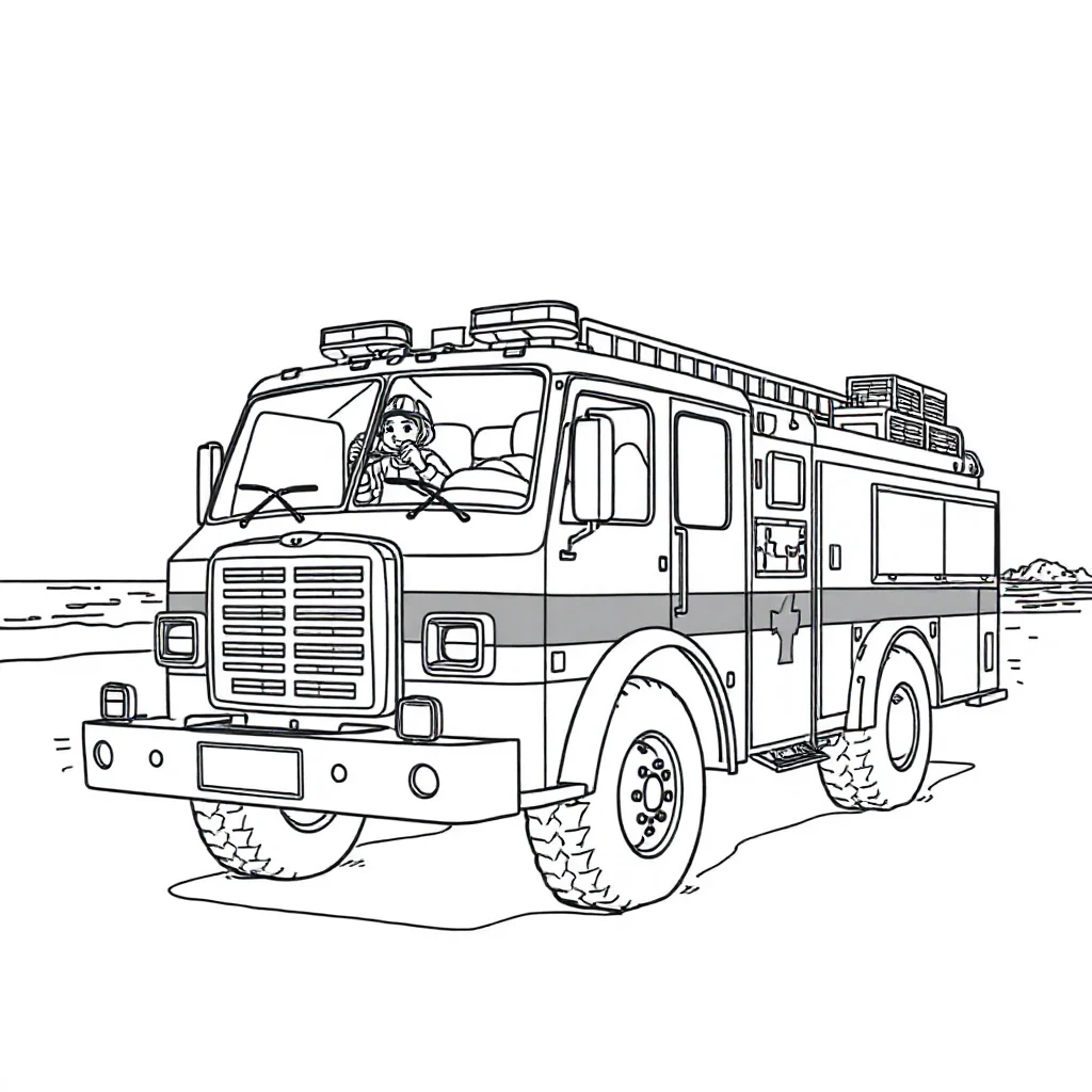 Fire trucks a fire truck with lights on the beach — classic fire trucks coloring page (ages 5–10)