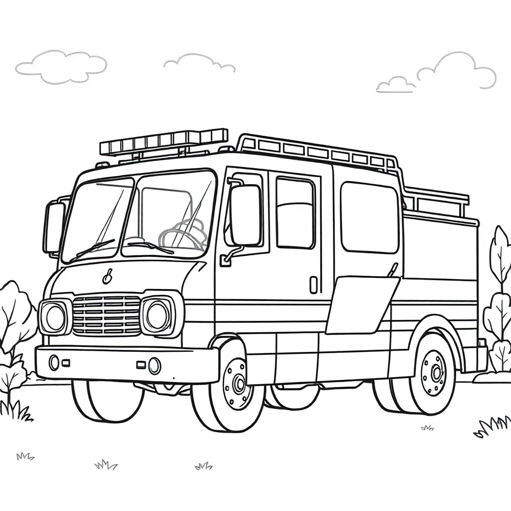 Fire trucks a fire truck with lights reading a book — classic fire trucks coloring page (ages 5–10)