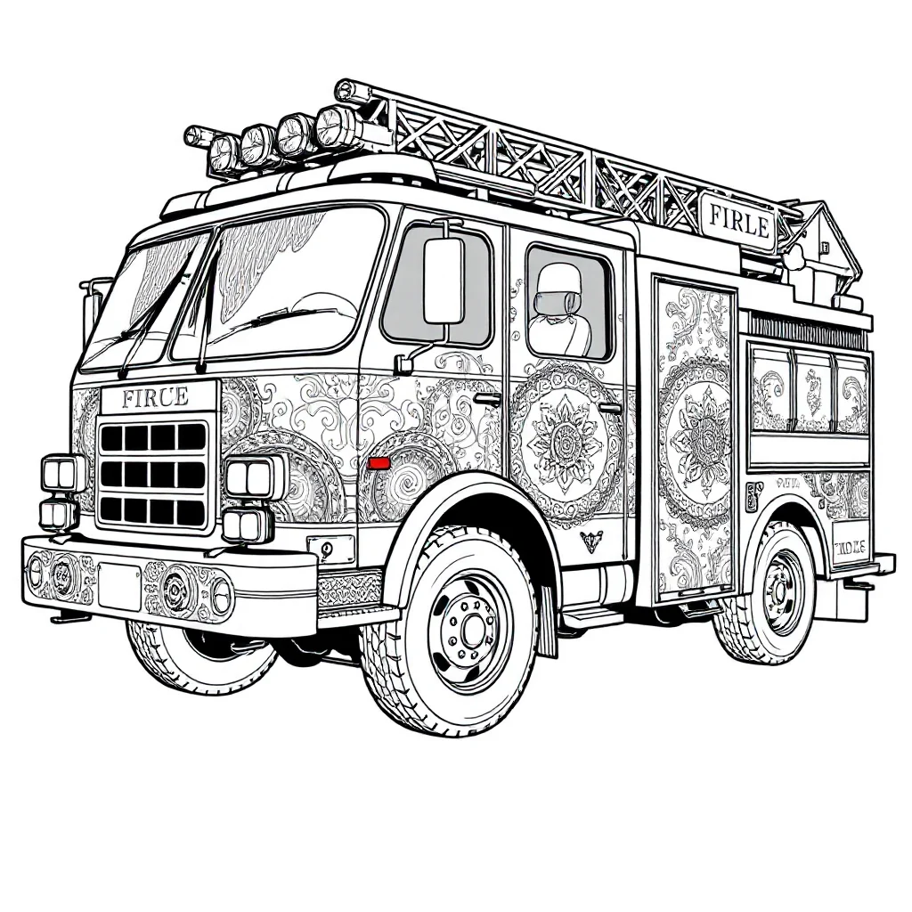 Fire trucks a fire truck with lights sleeping curled up — detailed fire trucks coloring page (ages 9+ & adults)