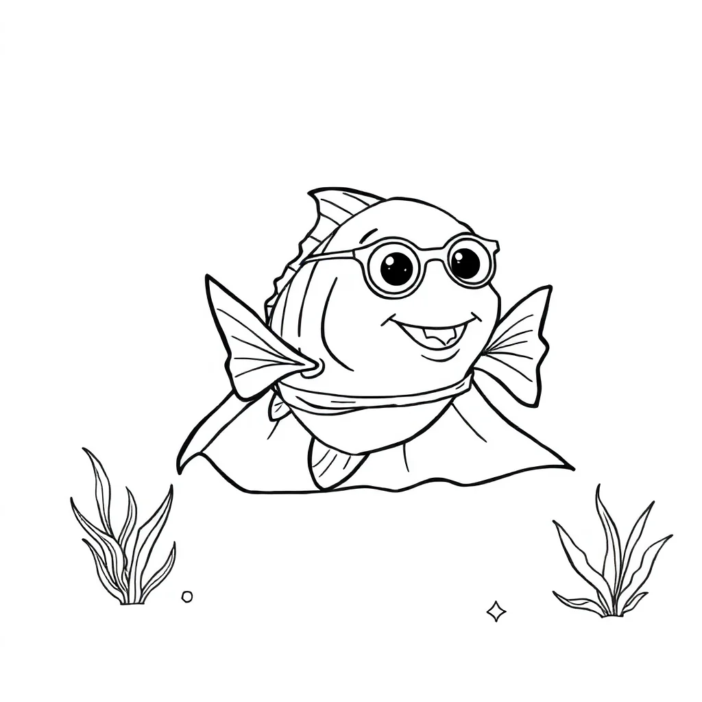 Fish a cute fish in a superhero cape — classic fish coloring page (ages 5–10)