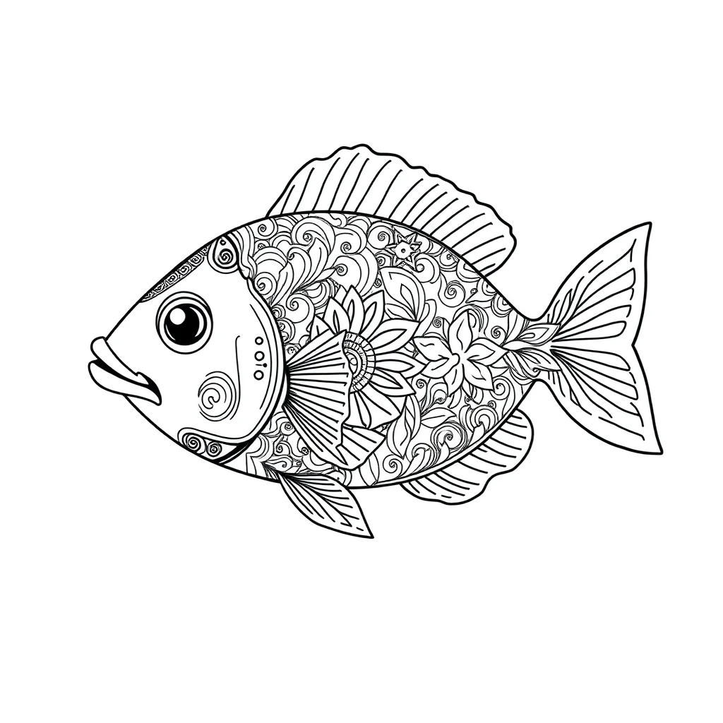 Fish a cute fish sitting — detailed fish coloring page (ages 9+ & adults)
