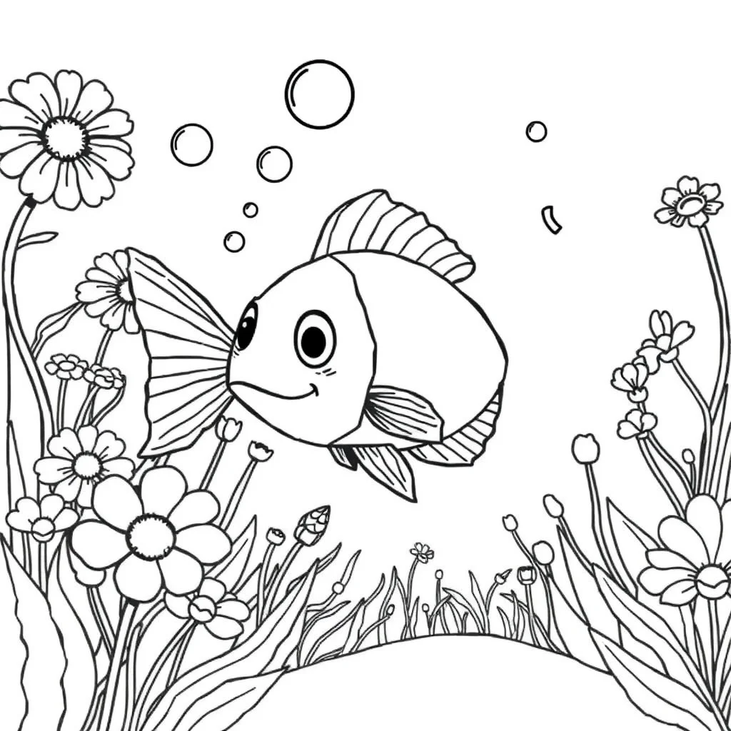 Fish a fish with bubbles in a flower garden — classic fish coloring page (ages 5–10)