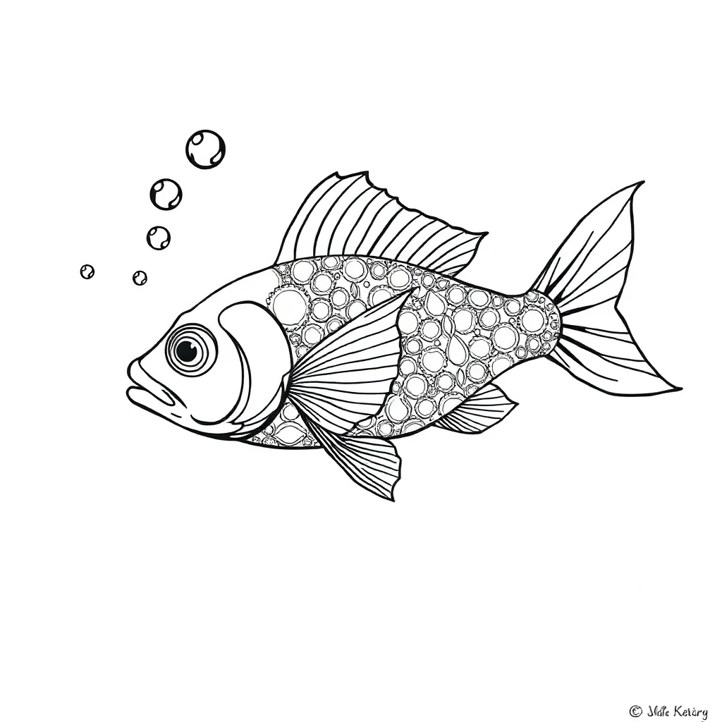 Fish a fish with bubbles leaping mid air — detailed fish coloring page (ages 9+ & adults)