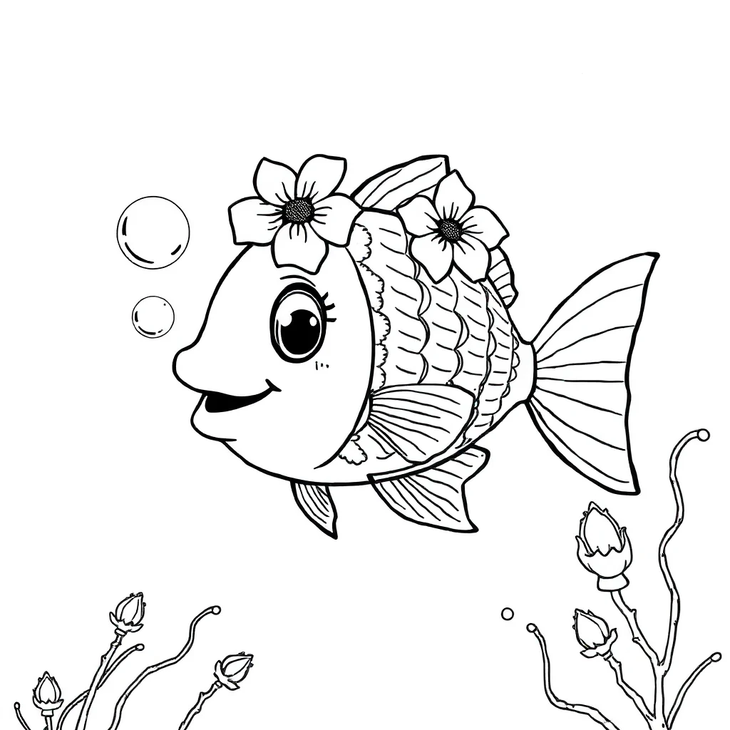 Fish a fish with bubbles wearing a flower crown — classic fish coloring page (ages 5–10)