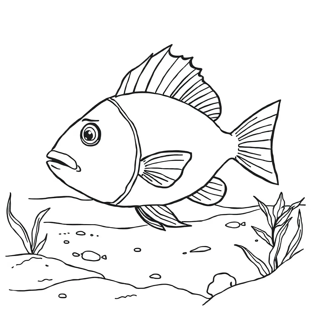 Fish a fish with fins on the beach — classic fish coloring page (ages 5–10)