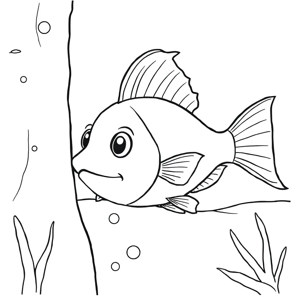 Fish a fish with fins peeking from behind something — classic fish coloring page (ages 5–10)