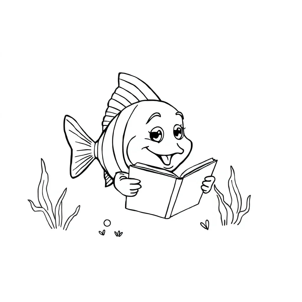 Fish a fish with fins reading a book — classic fish coloring page (ages 5–10)