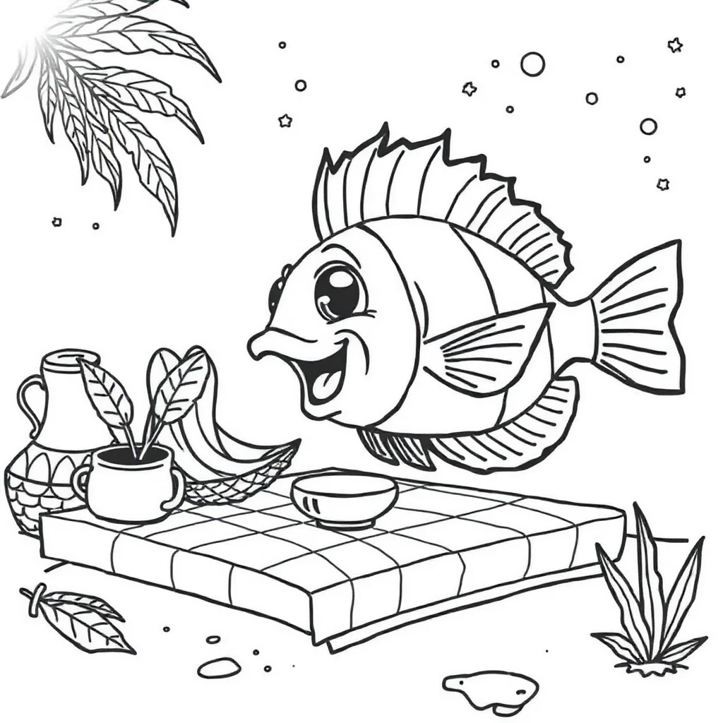 Fish a tropical fish having a picnic — classic fish coloring page (ages 5–10)
