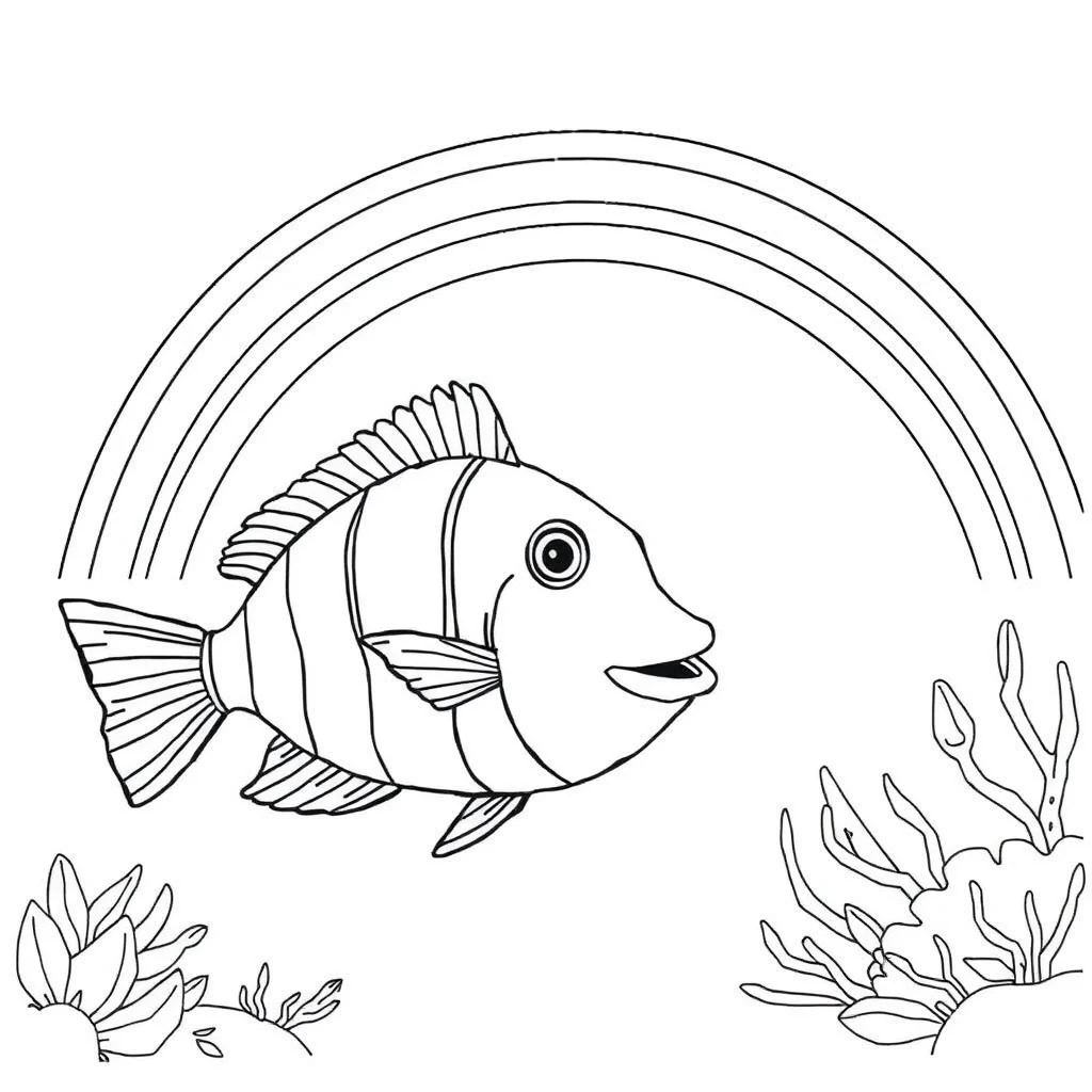 Fish a tropical fish under a rainbow — classic fish coloring page (ages 5–10)