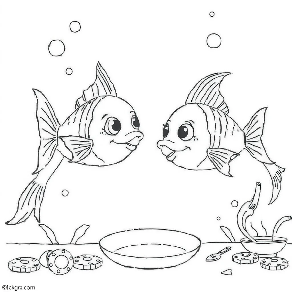 Fish two fish swimming baking cookies — classic fish coloring page (ages 5–10)