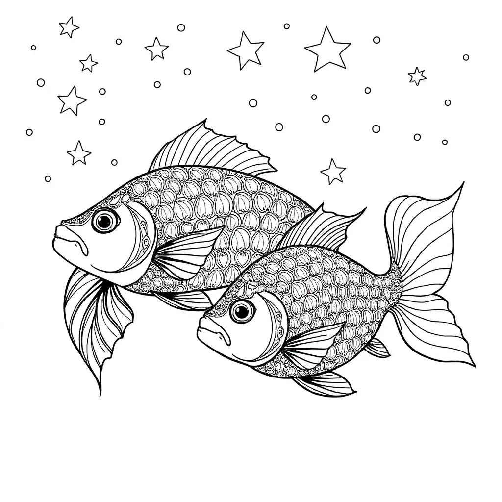 Fish two fish swimming under the night sky with stars — detailed fish coloring page (ages 9+ & adults)