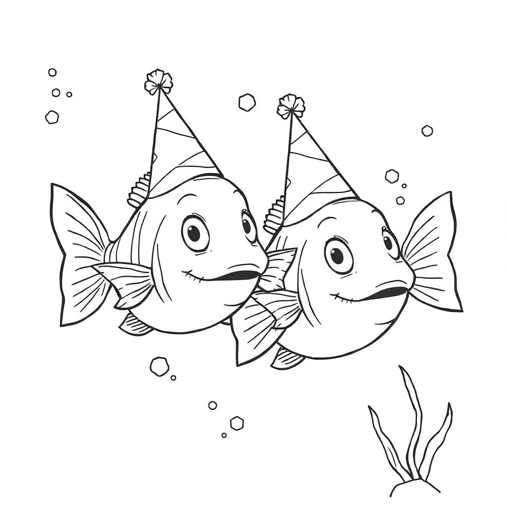 Fish two fish swimming wearing a party hat — classic fish coloring page (ages 5–10)