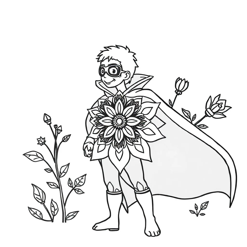 Floral mandalas a floral mandala in a superhero cape — classic floral mandalas coloring page (ages 5–10)