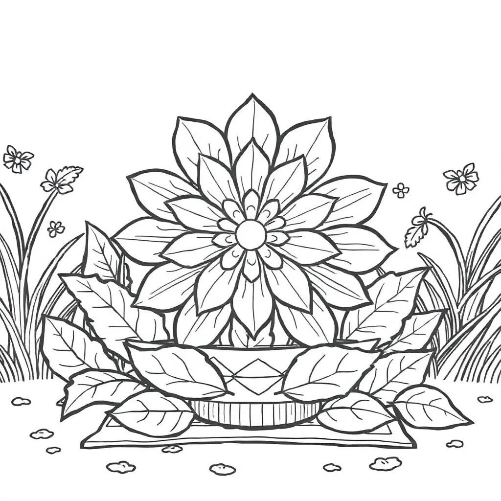 Floral mandalas a flower mandala with leaves having a picnic — classic floral mandalas coloring page (ages 5–10)