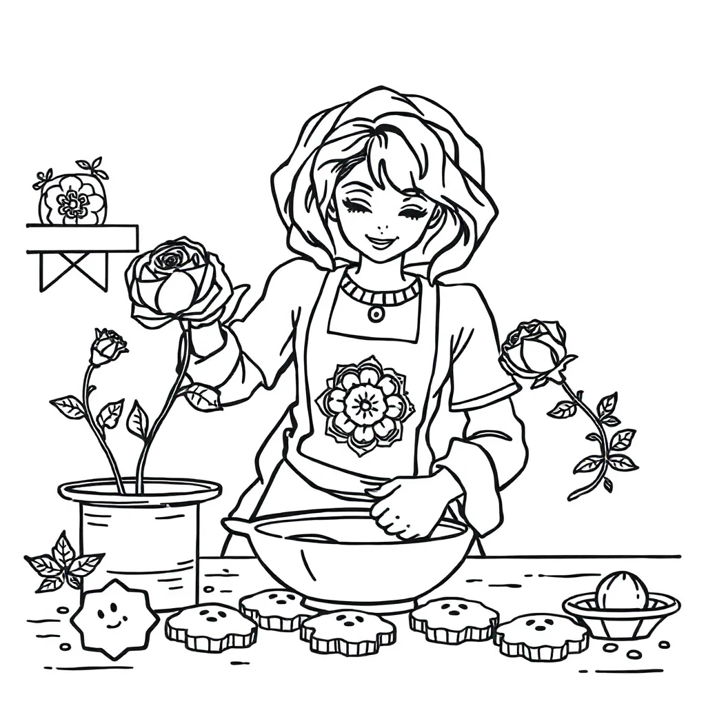 Floral mandalas a rose mandala baking cookies — classic floral mandalas coloring page (ages 5–10)