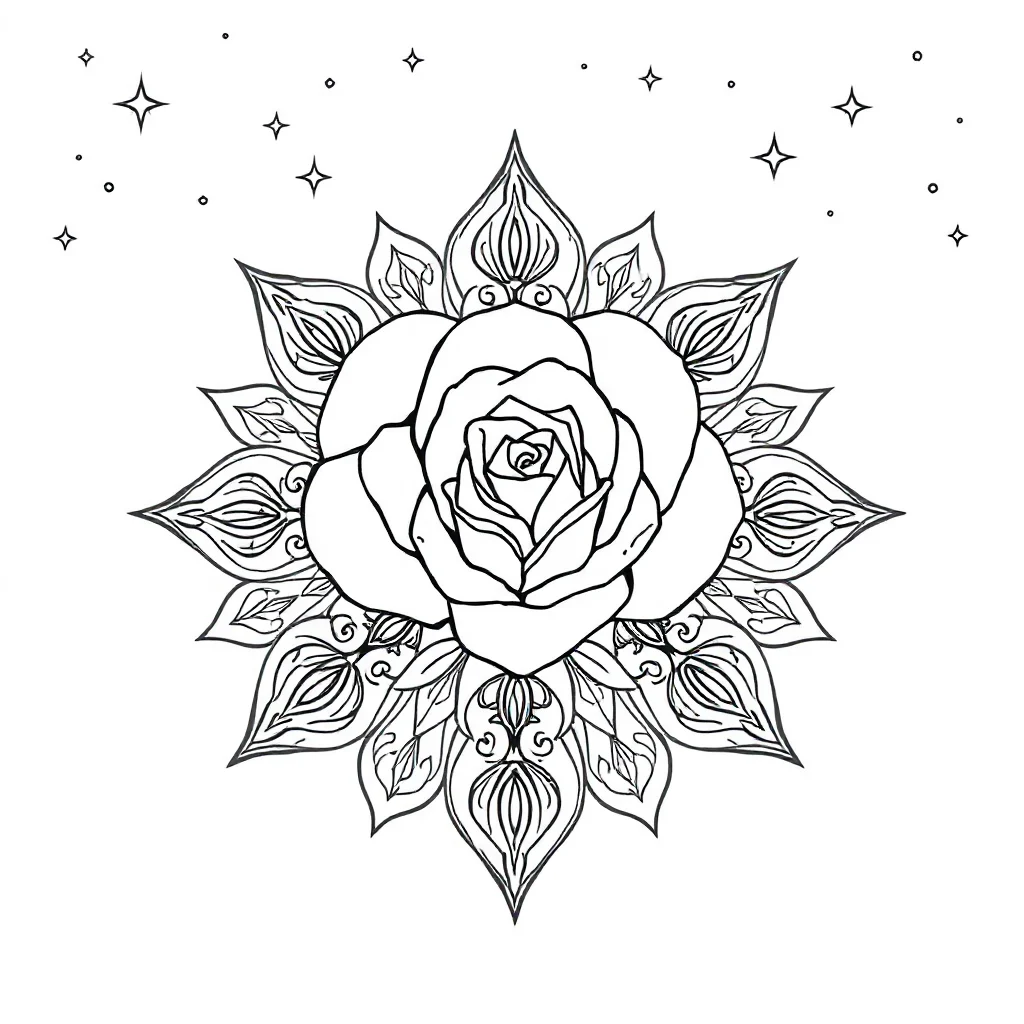 Floral mandalas a rose mandala under the night sky with stars — detailed floral mandalas coloring page (ages 9+ & adults)