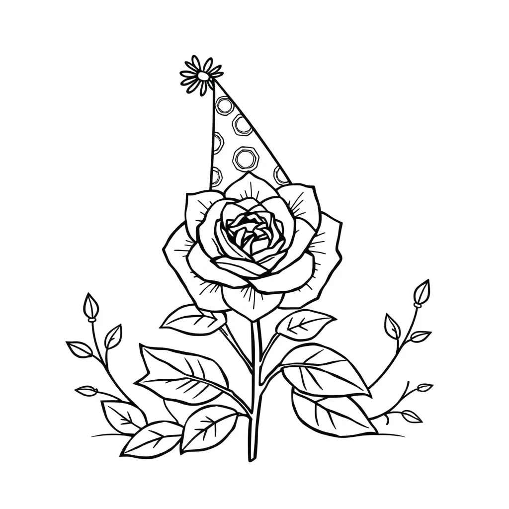 Floral mandalas a rose mandala wearing a party hat — classic floral mandalas coloring page (ages 5–10)