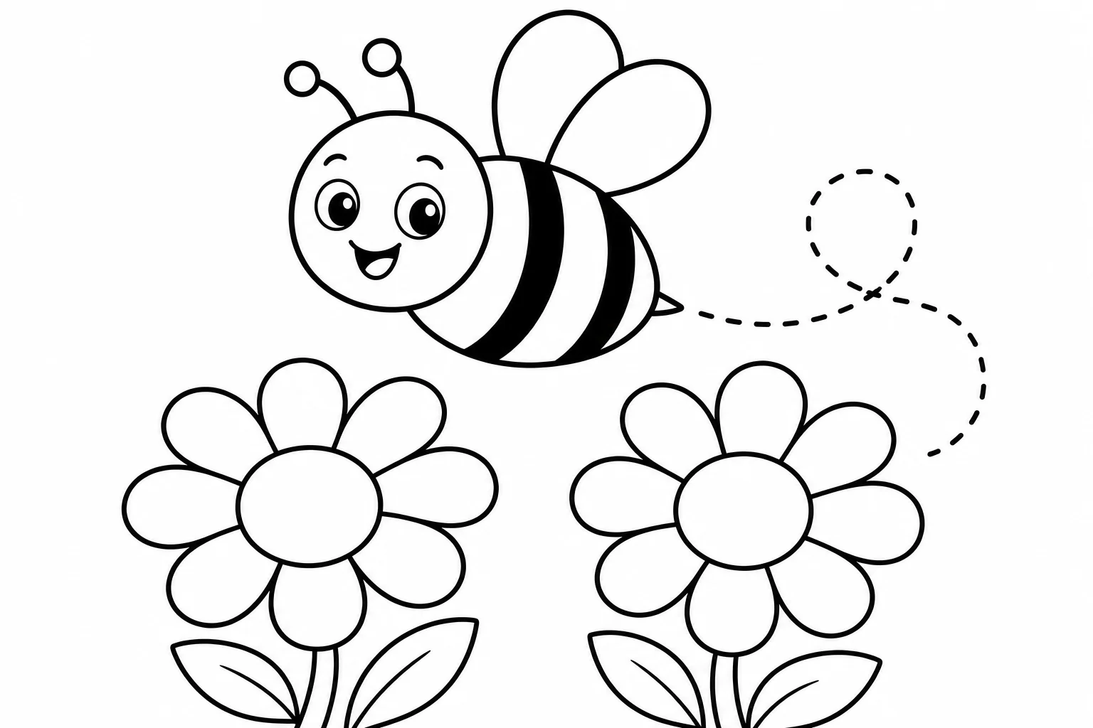 Flowers bee visit — easy flowers coloring page (ages 2–5)