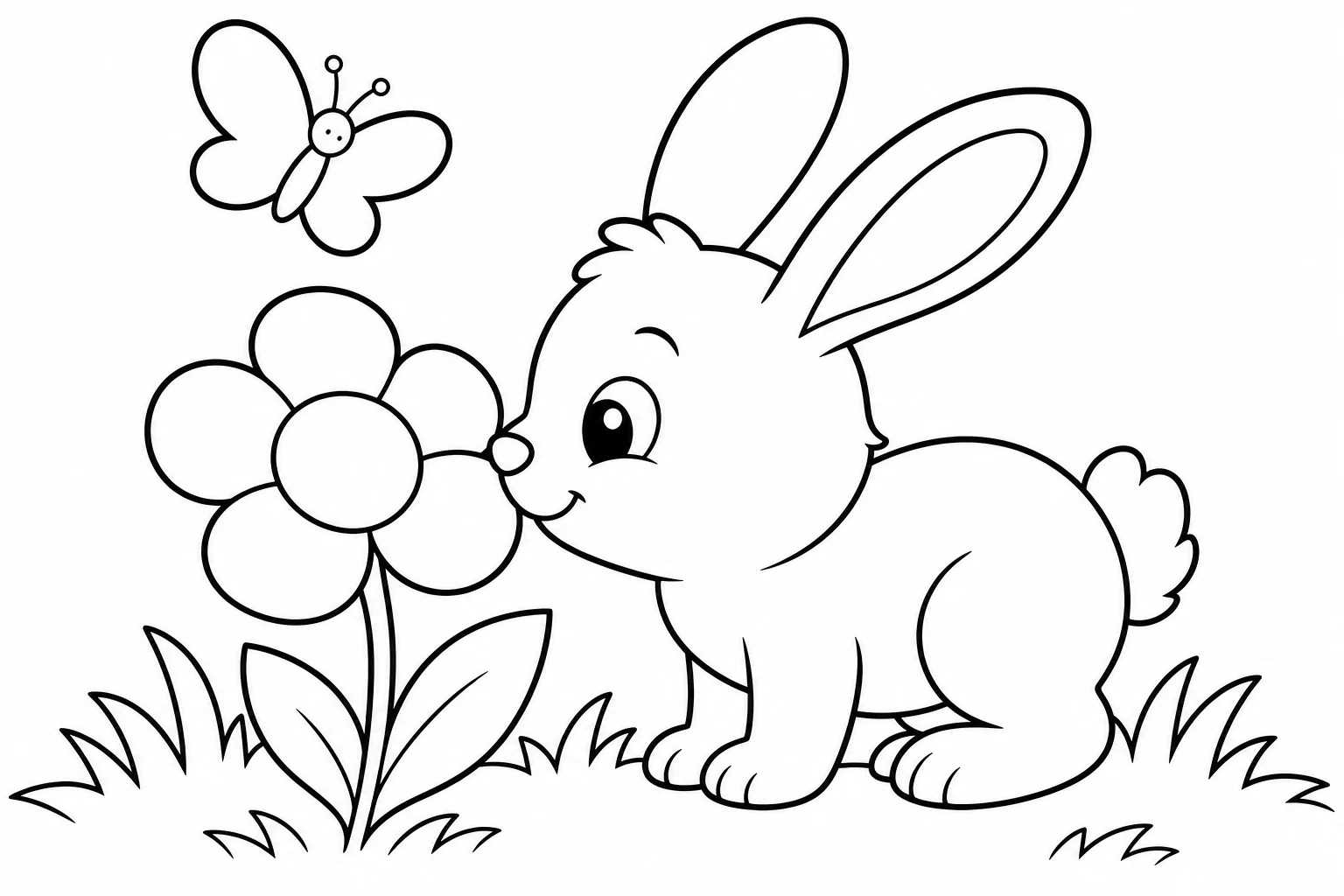 Flowers bunny sniffing — easy flowers coloring page (ages 2–5)