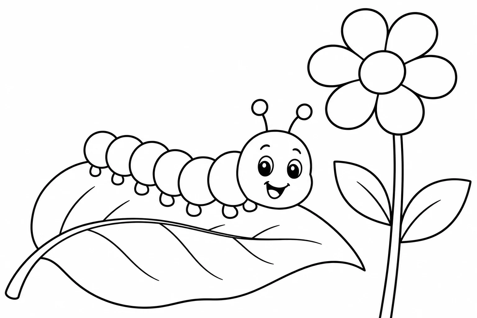 Flowers caterpillar leaf — easy flowers coloring page (ages 2–5)