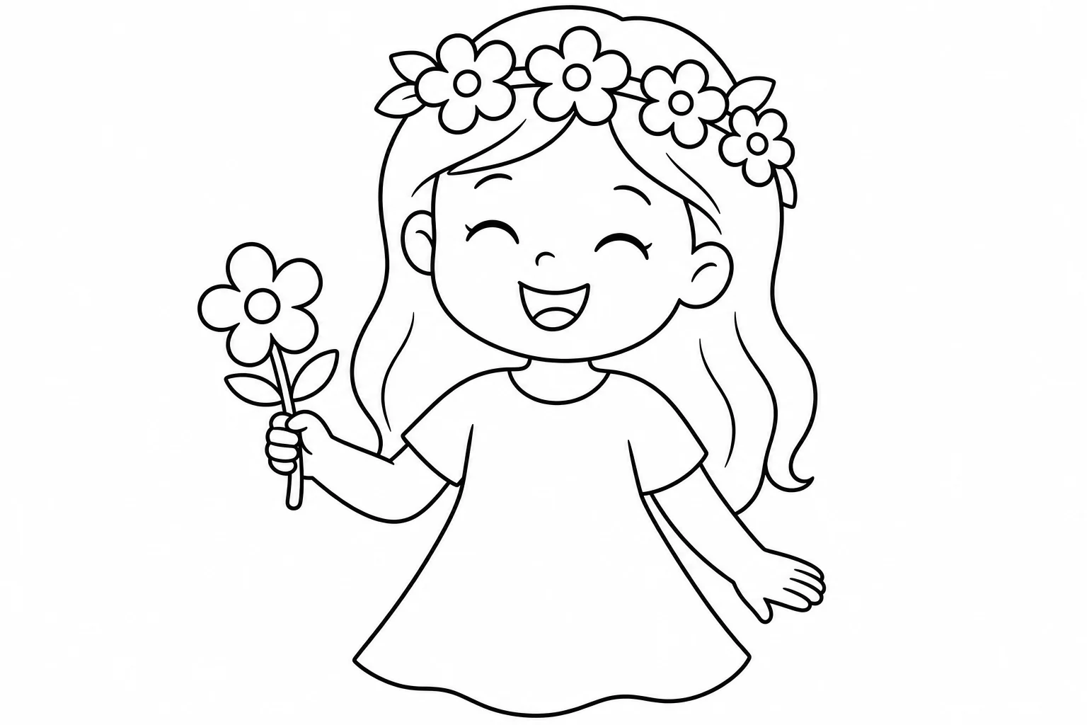 Flowers flower crown girl — easy flowers coloring page (ages 2–5)