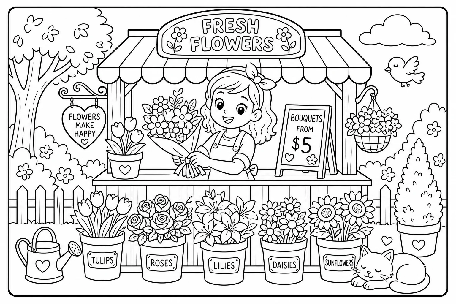 Flowers flower shop — classic flowers coloring page (ages 5–10)