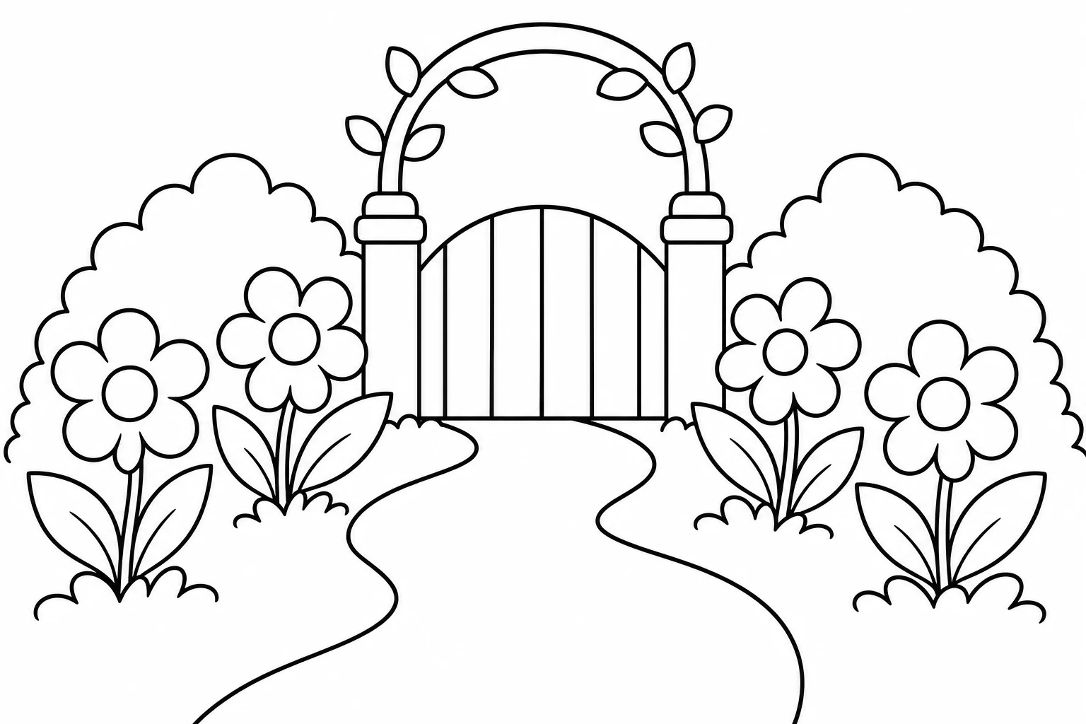Flowers garden path — easy flowers coloring page (ages 2–5)