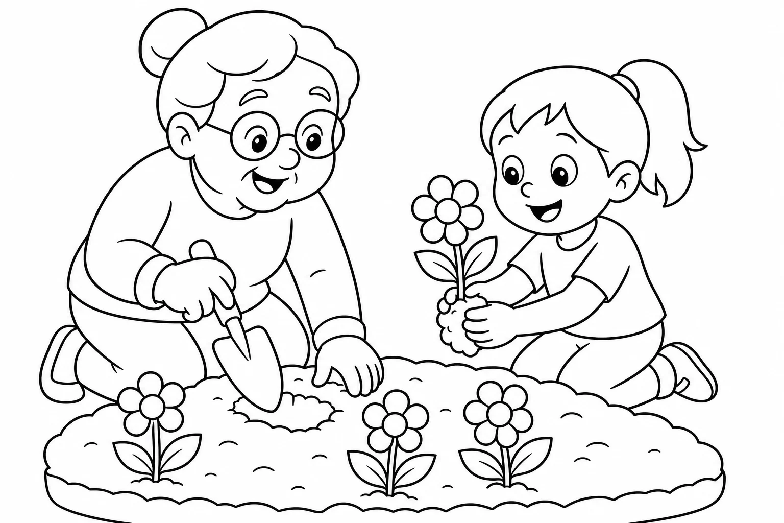 Flowers grandma planting — easy flowers coloring page (ages 2–5)