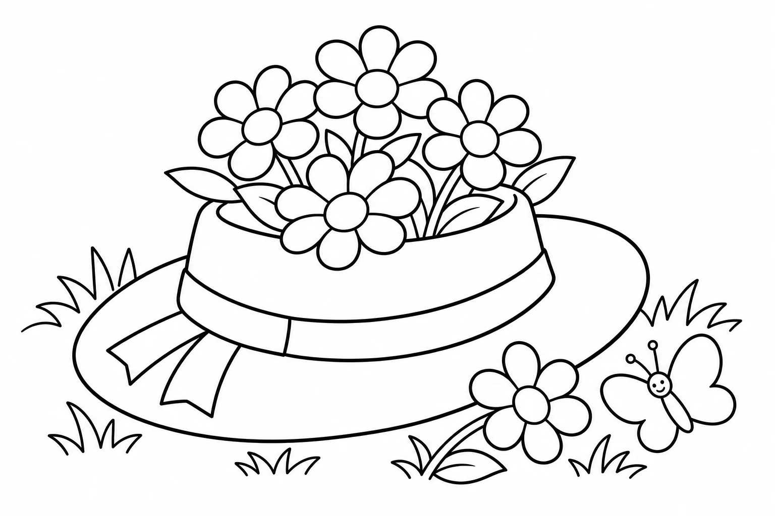 Flowers hat full — easy flowers coloring page (ages 2–5)