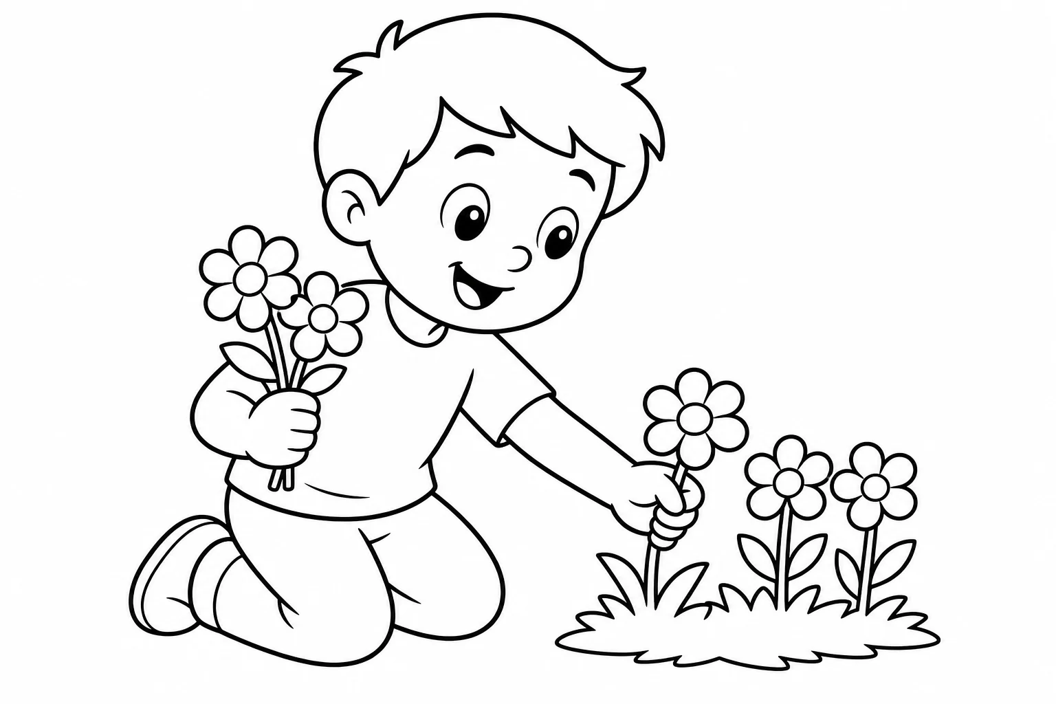 Flowers picking boy — easy flowers coloring page (ages 2–5)
