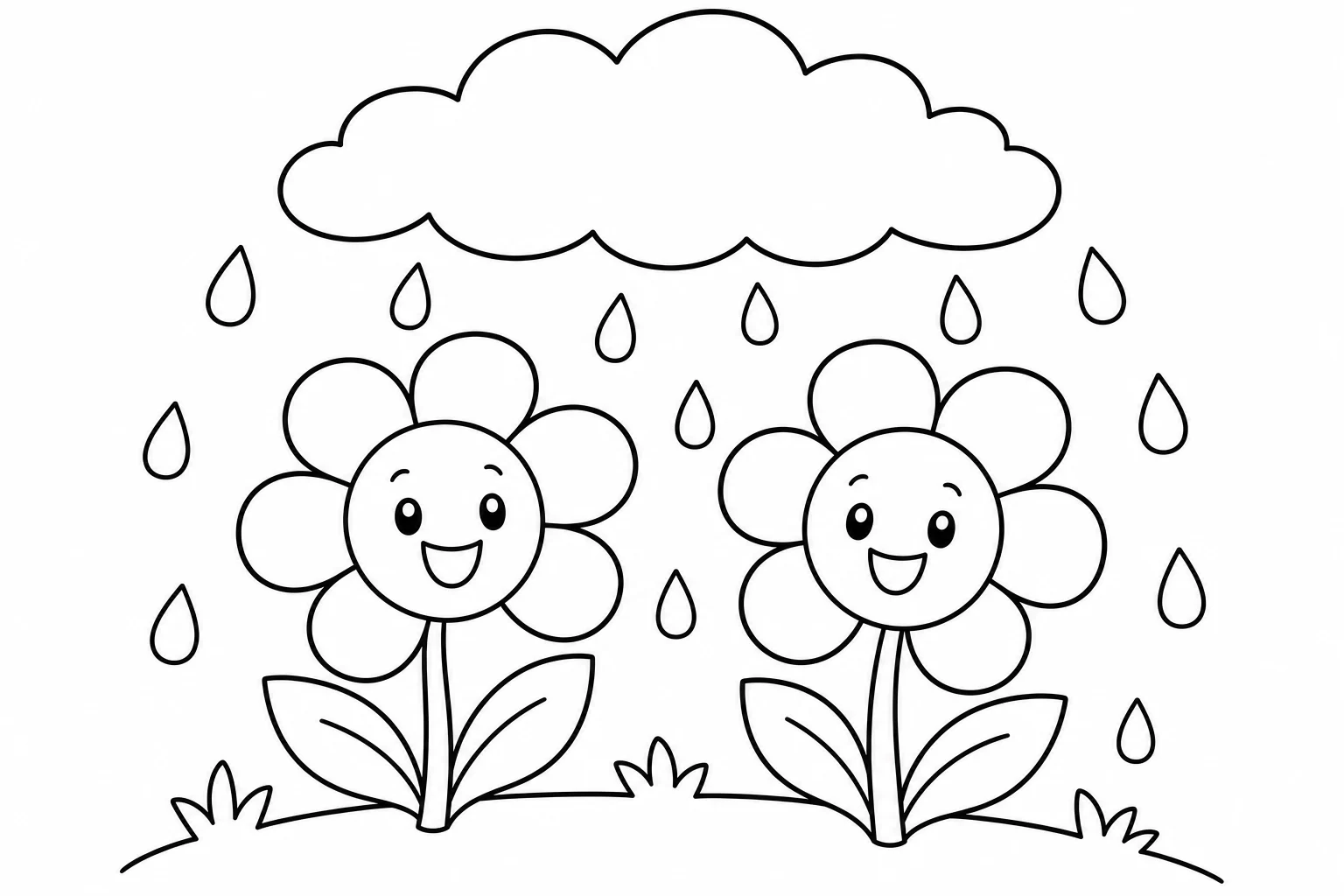 Flowers rainy day — easy flowers coloring page (ages 2–5)