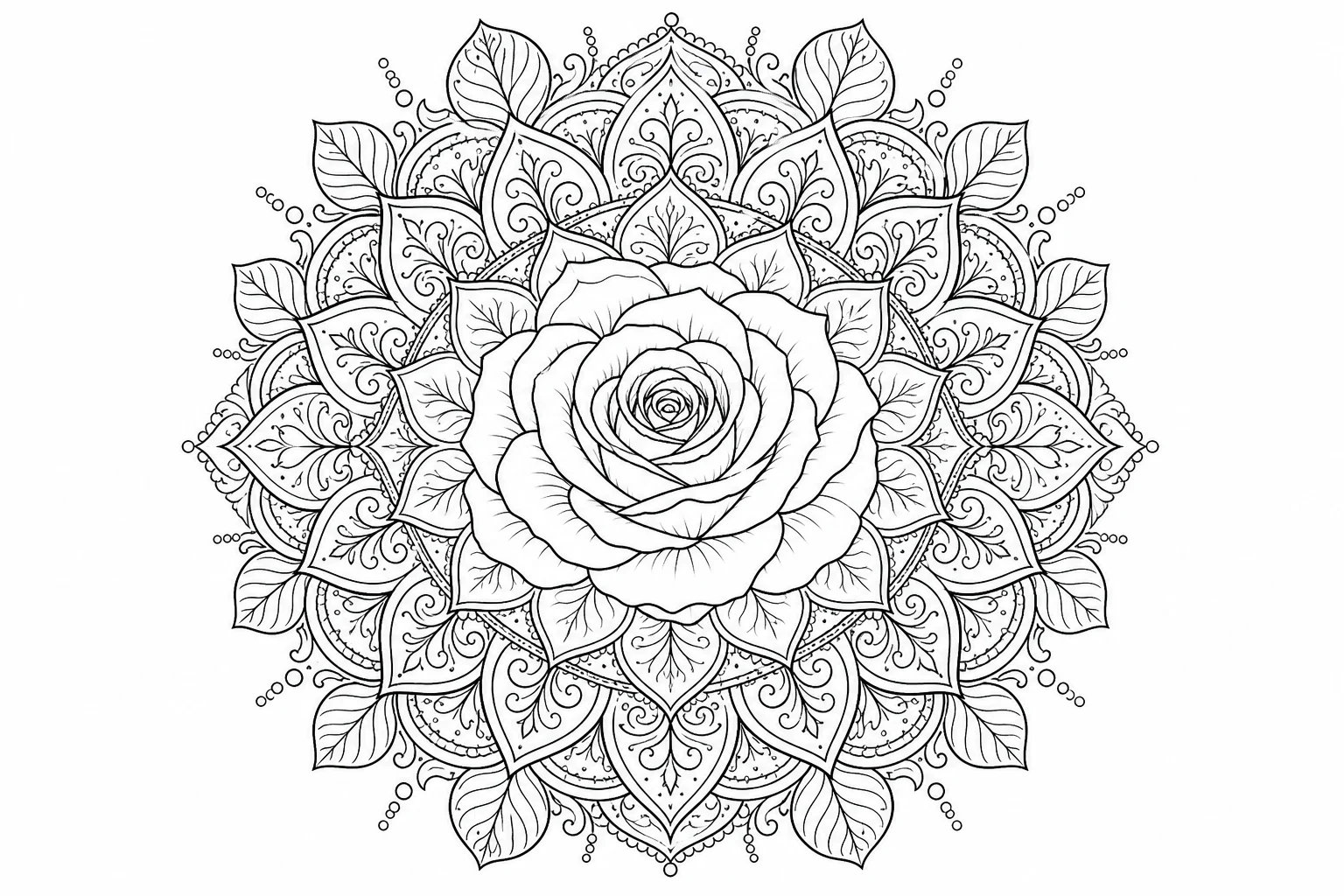 Flowers rose mandala — detailed flowers coloring page (ages 9+ & adults)