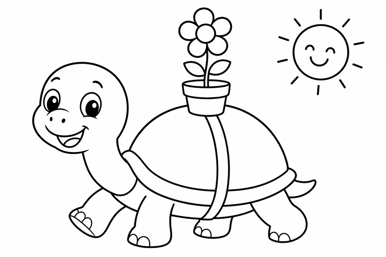 Flowers turtle pot — easy flowers coloring page (ages 2–5)
