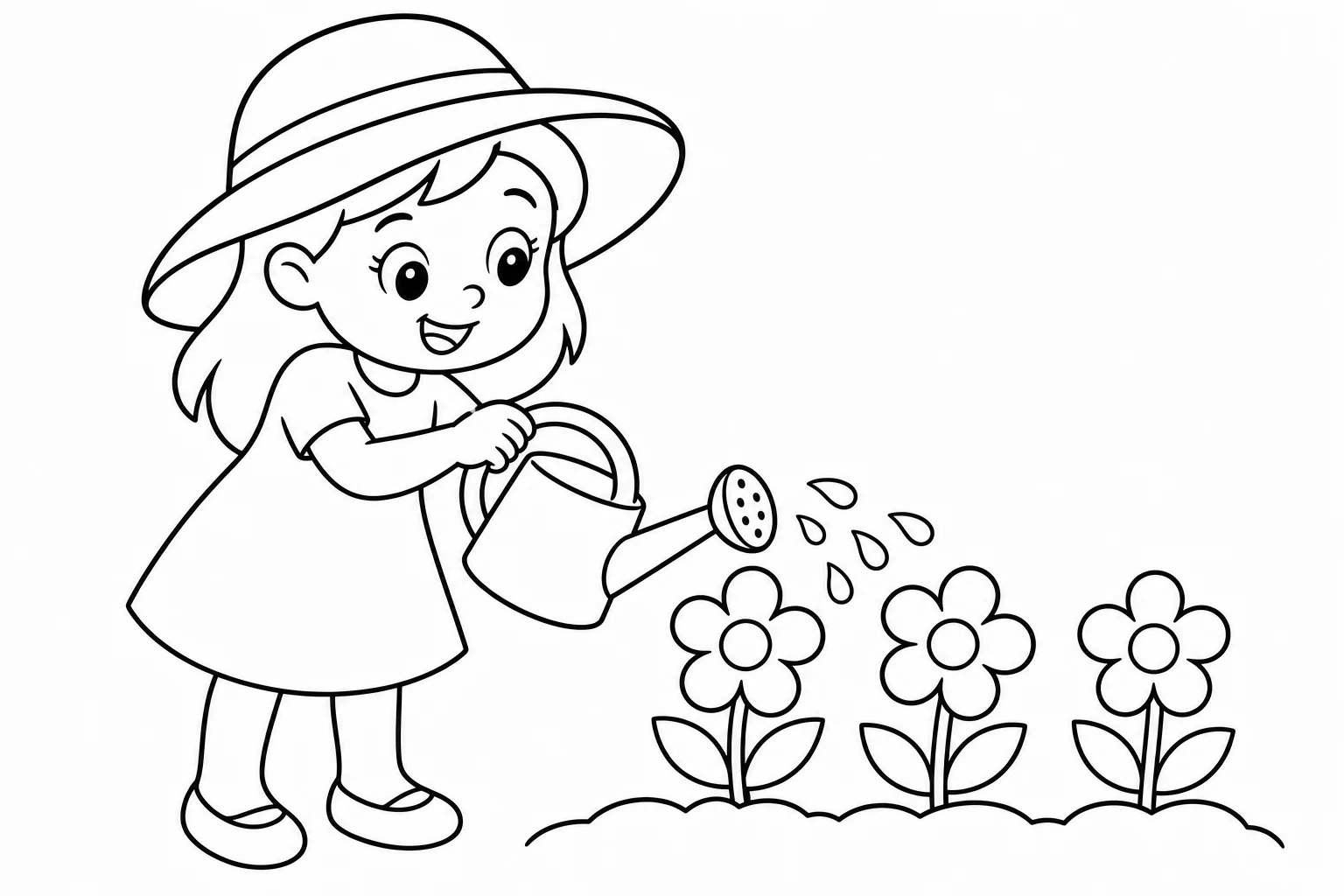 Flowers watering girl — easy flowers coloring page (ages 2–5)