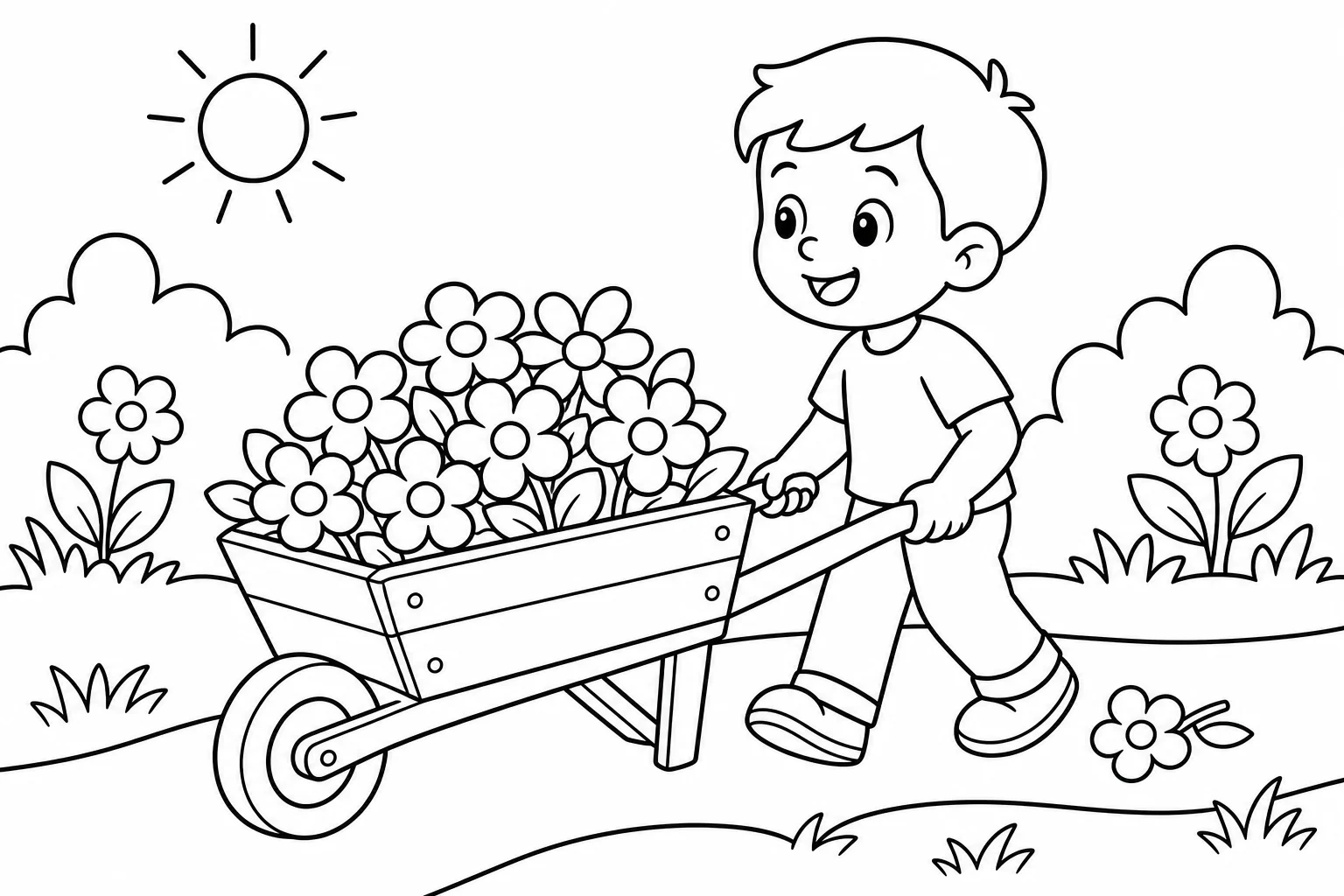 Flowers wheelbarrow — easy flowers coloring page (ages 2–5)