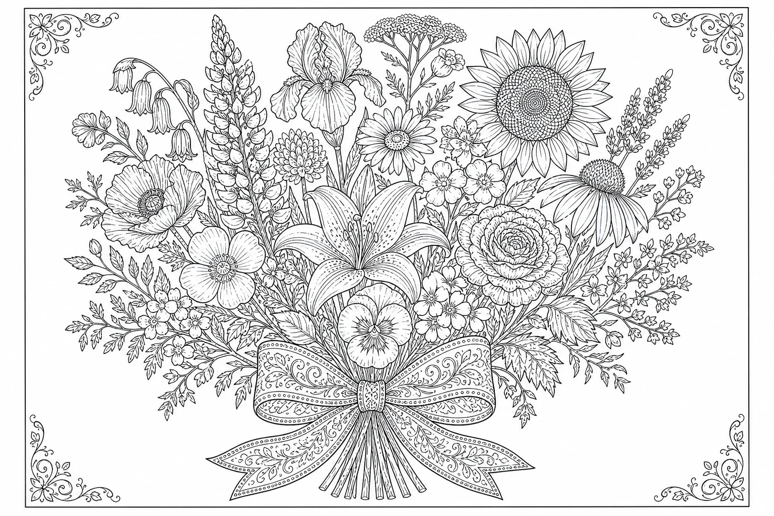 Flowers wild bouquet — detailed flowers coloring page (ages 9+ & adults)