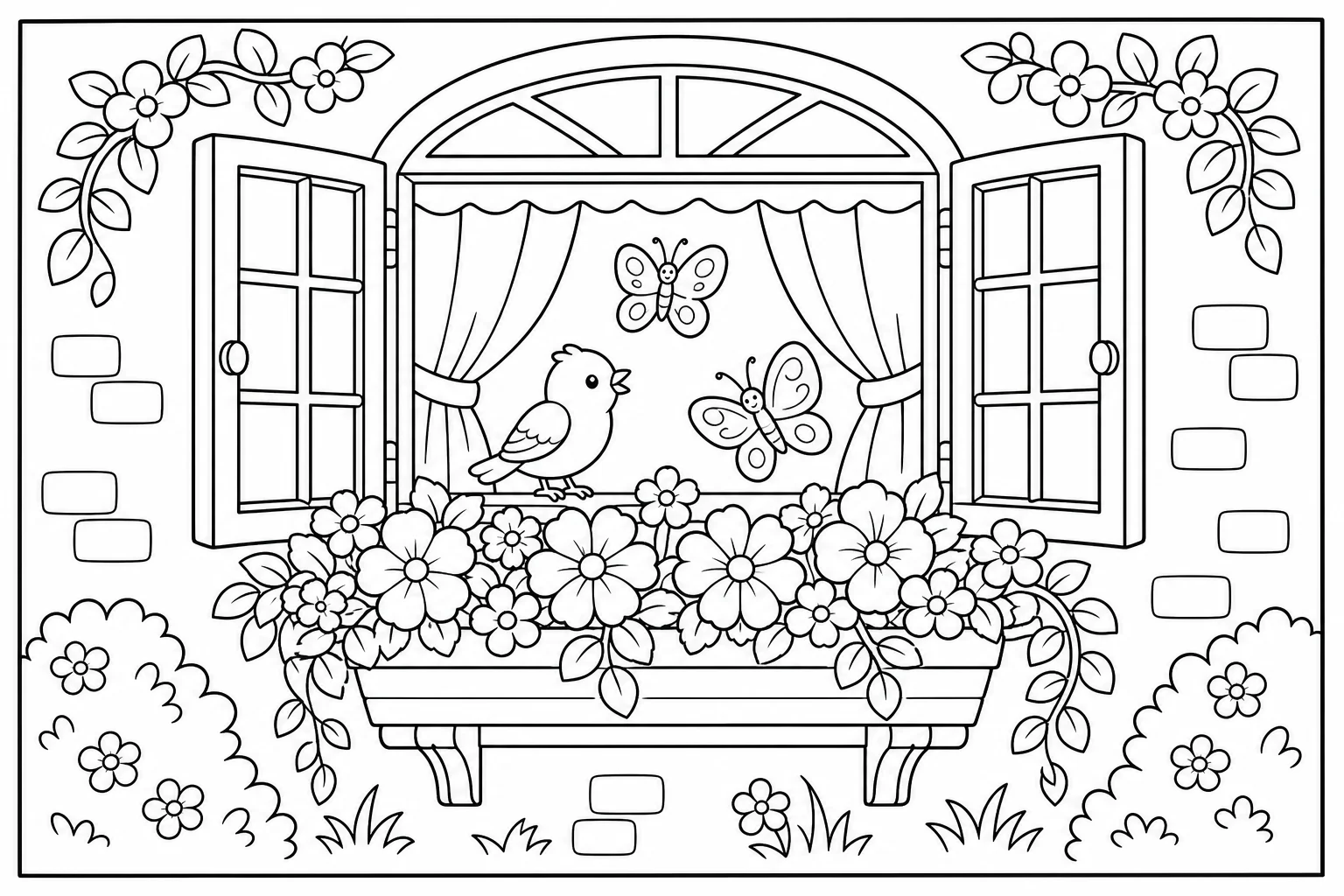 Flowers window garden — classic flowers coloring page (ages 5–10)