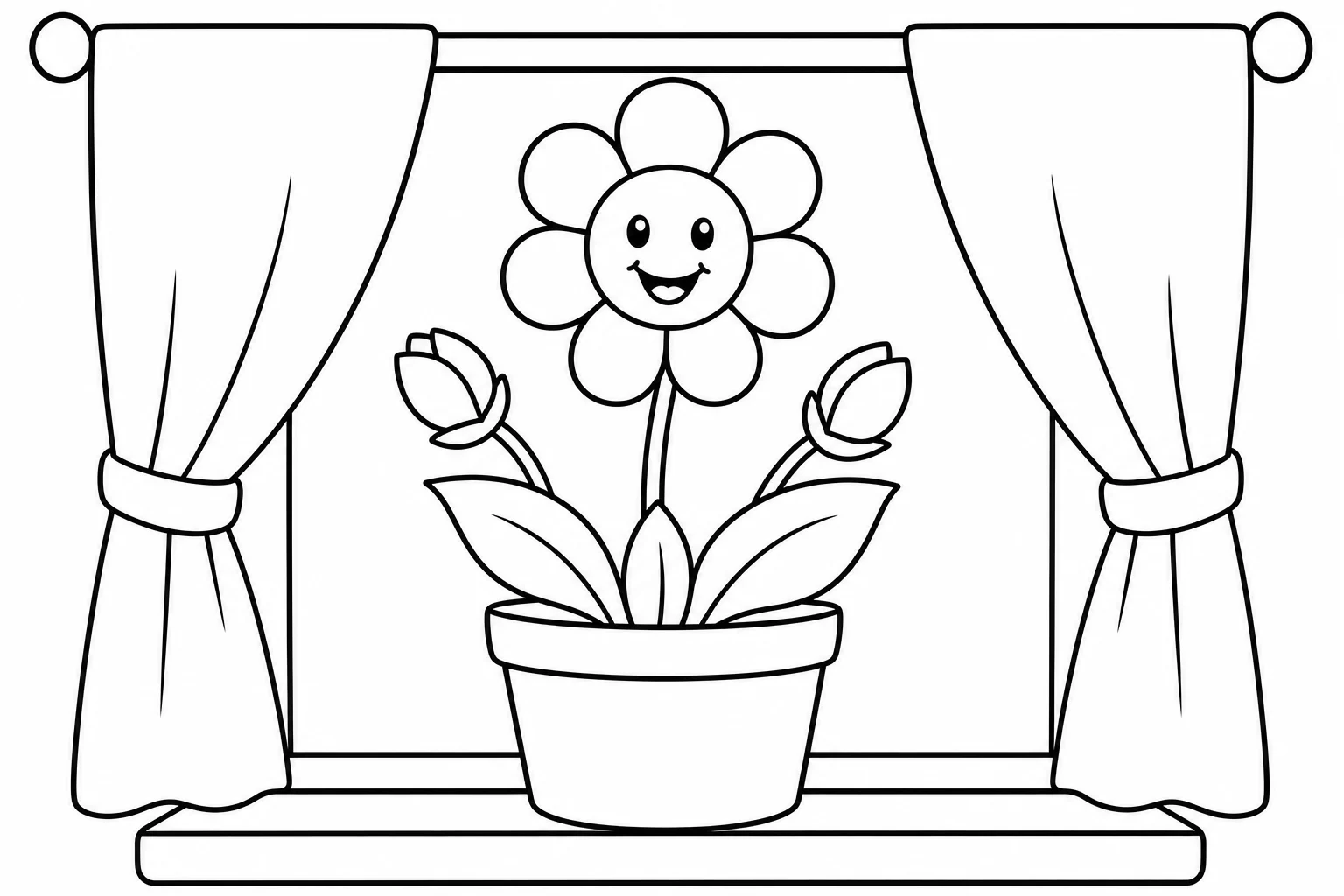 Flowers windowsill pot — easy flowers coloring page (ages 2–5)