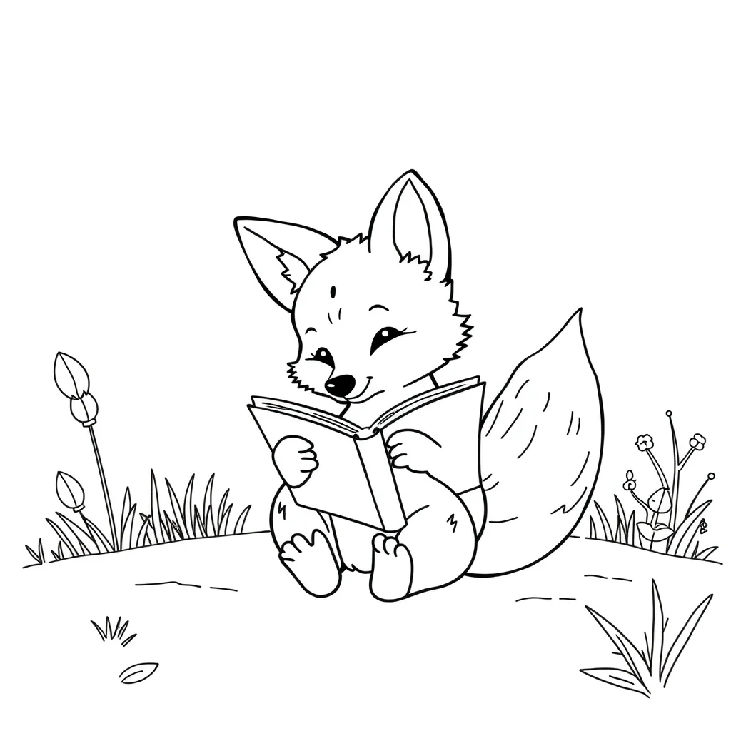 Foxes a baby fox reading a book — classic foxes coloring page (ages 5–10)