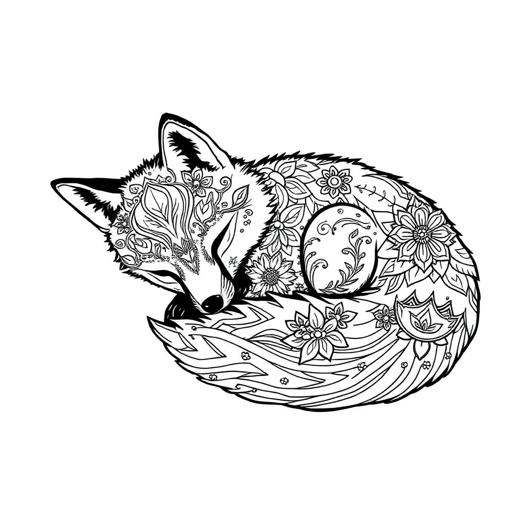 Foxes a baby fox sleeping curled up — detailed foxes coloring page (ages 9+ & adults)