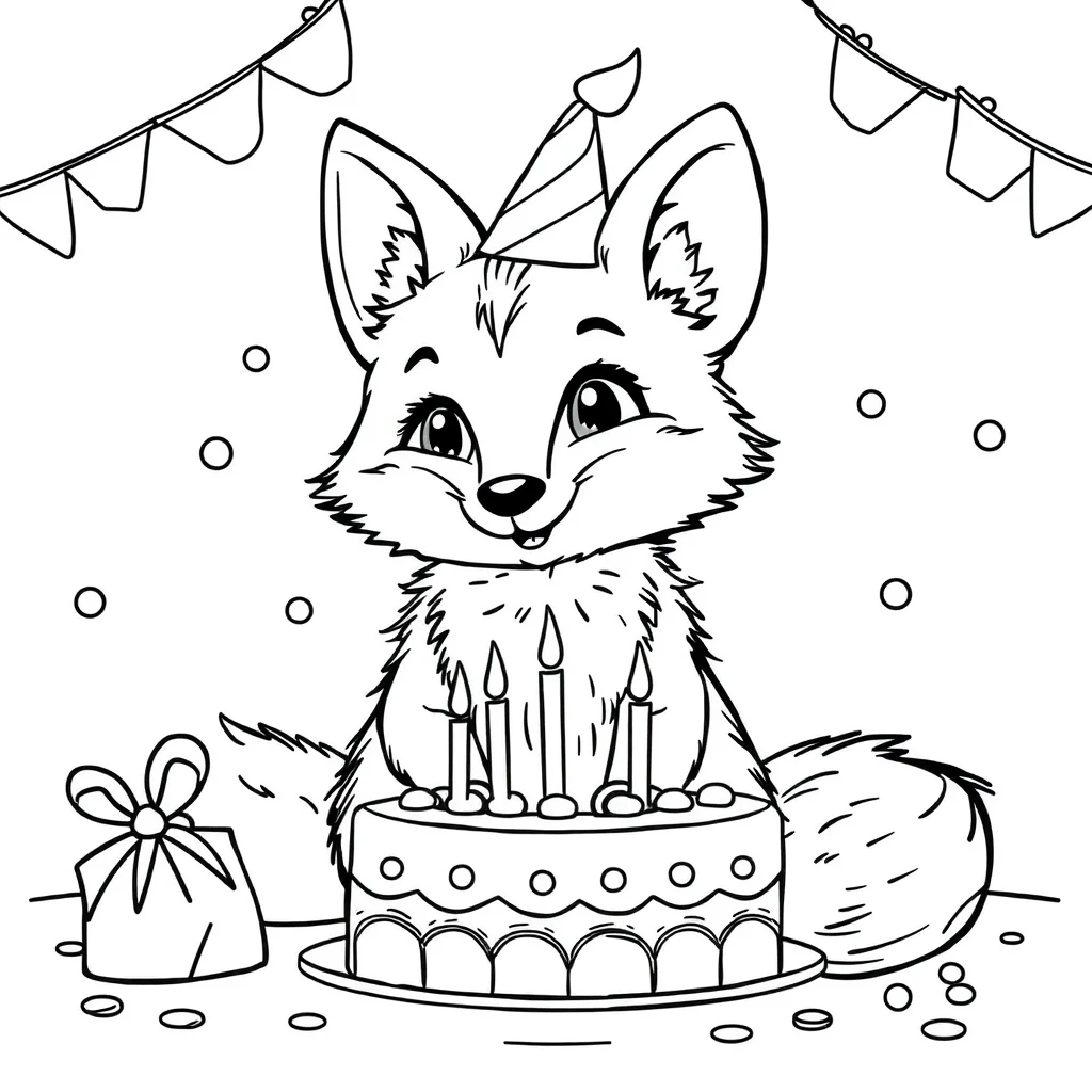 Foxes a cute fox sitting celebrating a birthday — classic foxes coloring page (ages 5–10)