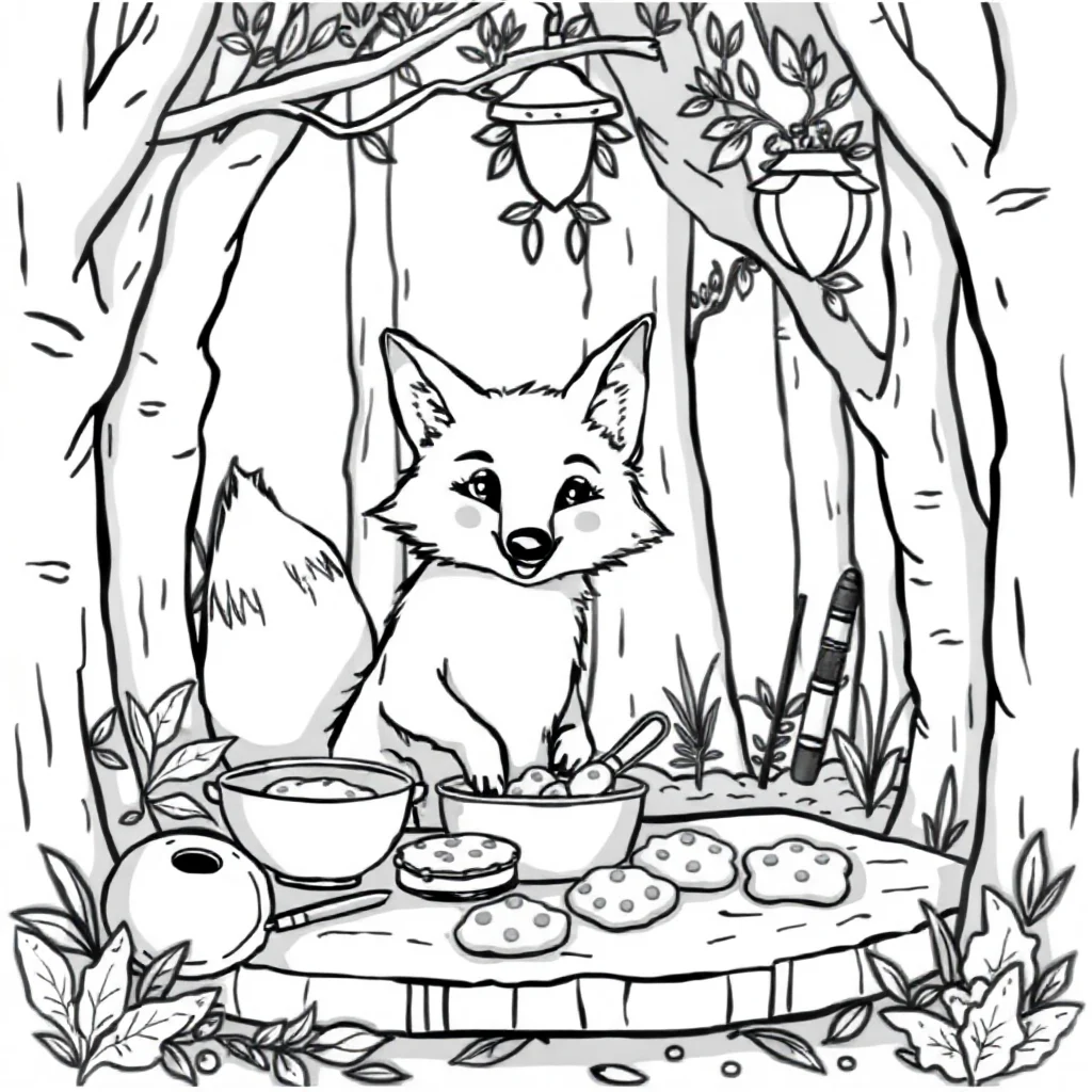 Foxes a fox in the forest baking cookies — classic foxes coloring page (ages 5–10)