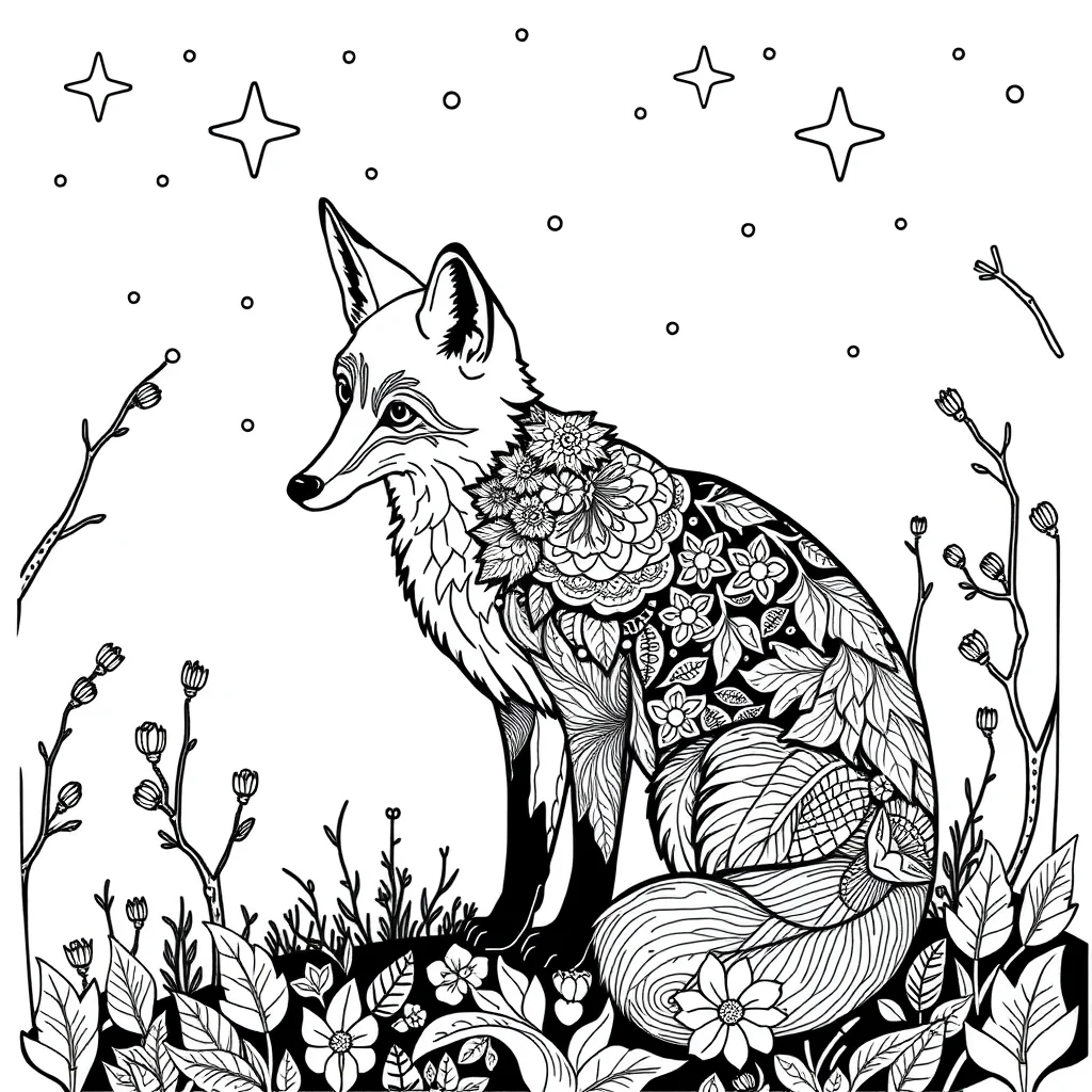 Foxes a fox in the forest under the night sky with stars — detailed foxes coloring page (ages 9+ & adults)