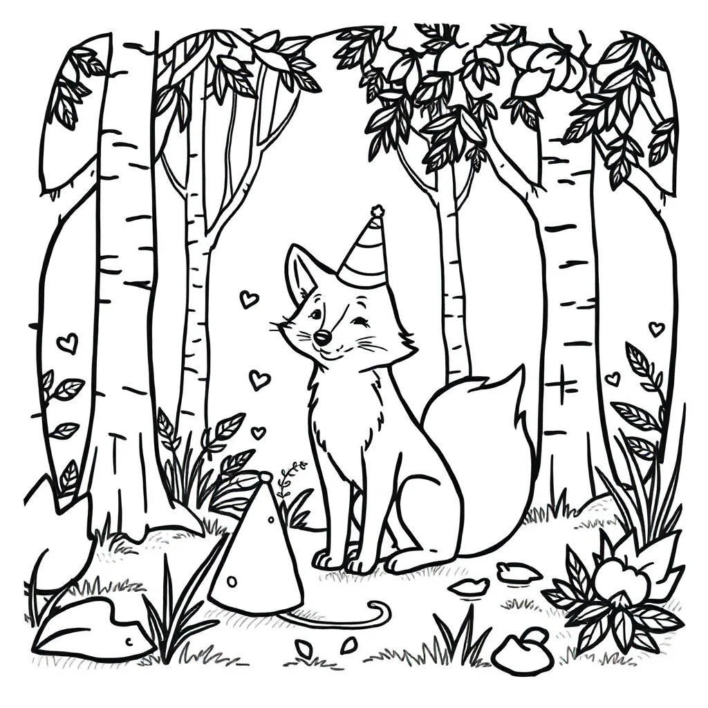 Foxes a fox in the forest wearing a party hat — classic foxes coloring page (ages 5–10)