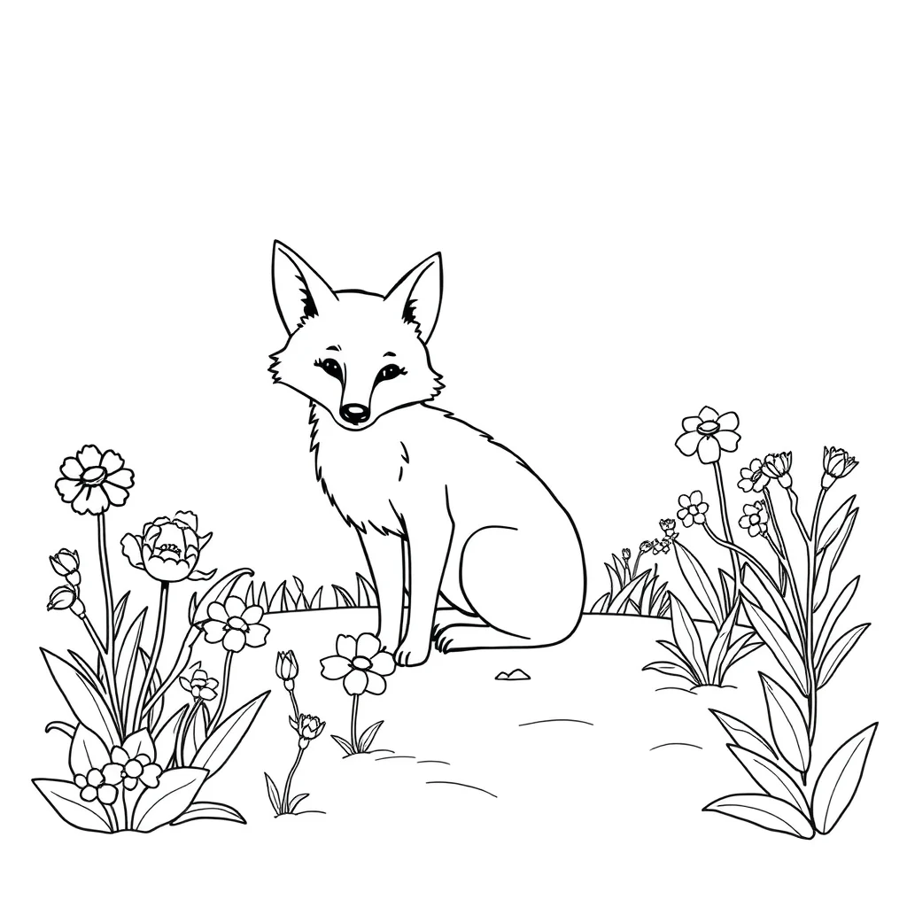 Foxes a fox with a bushy tail in a flower garden — classic foxes coloring page (ages 5–10)